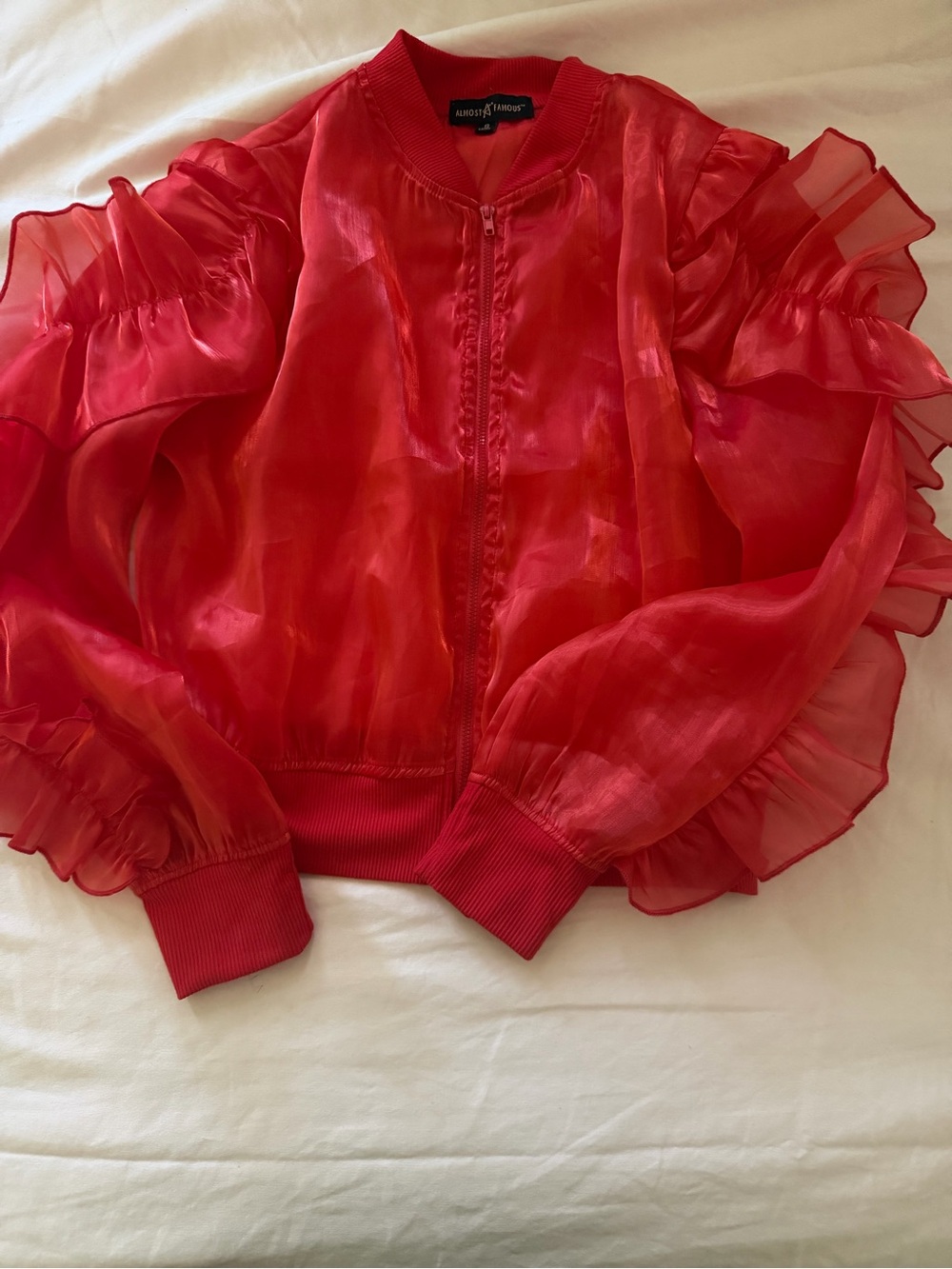 Sheer Ruffle Bomber Jacket - Red - Picture 5 of 12